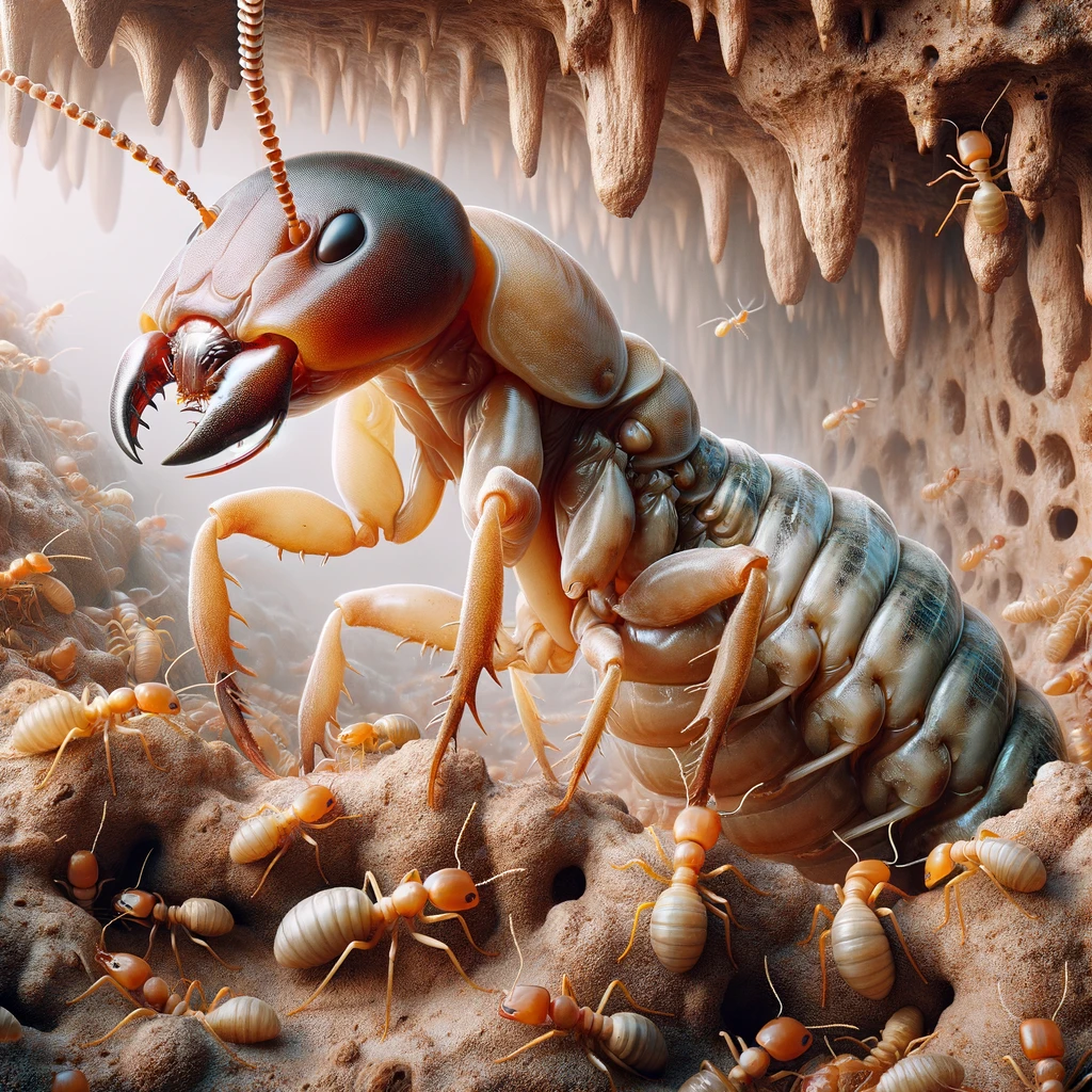 Termite queen with elongated body in nest, surrounded by workers in intricate tunnels